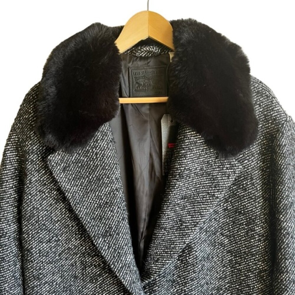 NWT Levi’s Mari Coat XL Chunky Twill Salt And Pepper Black Faux Fur - Picture 3 of 15